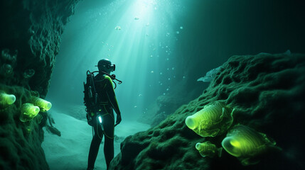 Underwater scuba diving in deep cold ocean sea rocks and beautiful coral plants. Diver with aqualung in seascape discovering researching a reef. Ai generated cinematic art
