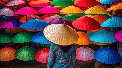 a woman wearing Vietnam traditional leaf hat with many colorful leaf hats as background, Generative Ai