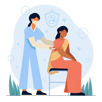 Vaccinating people concept. Nurse gives immunity shot to indian woman in sari illustration