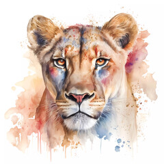Watercolor pink brown lioness portrait painting. Realistic wild animal illustration on white background. Created with Generative AI technology.