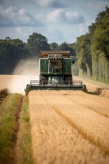 Fototapeta premium Combine harvester driving through a beautiful rye field. Generative AI