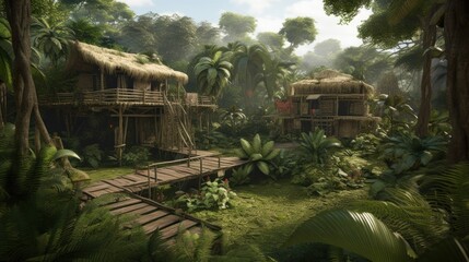 World inspired by the Amazon rainforest, with lush greenery, exotic wildlife, and tribal communities