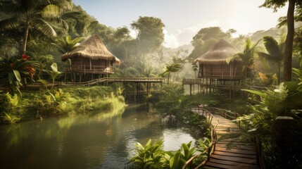 Fototapeta premium World inspired by the Amazon rainforest, with lush greenery, exotic wildlife, and tribal communities