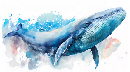 Fototapeta premium Watercolor blue whale on white background. Realistic sea animal illustration. Created with Generative AI.