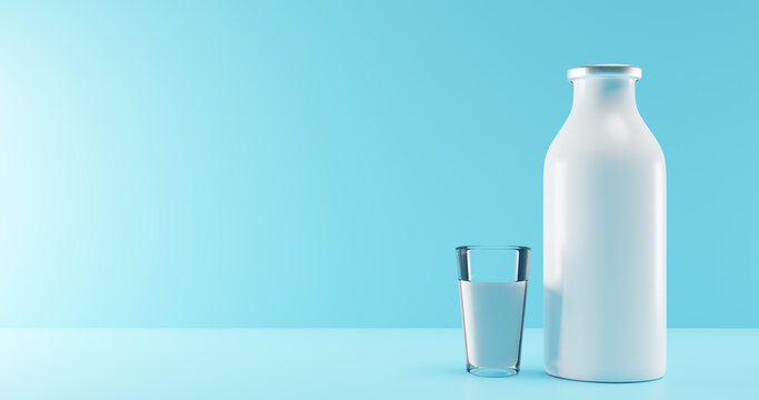 Dairy day. Full bottle and glass of milk on the table. 3d rendering.