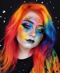 Fototapeta premium Generative ai young woman with multi-colored hair and creative make up and hairstyle