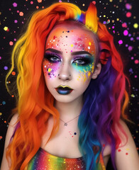Obraz premium Generative ai young woman with multi-colored hair and creative make up and hairstyle