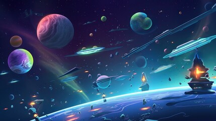 Obraz na płótnie Canvas World inspired by space travel, with planets, aliens, and futuristic spaceships