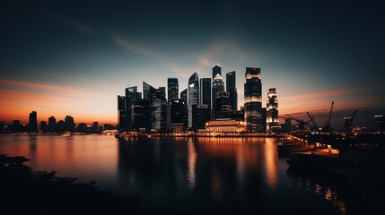 city skyline at night and dusk: "Skyline Symphony" Created using generative AI.