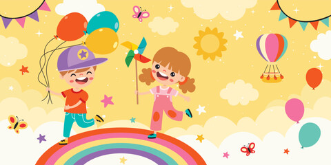 Happy Children On Sky Background