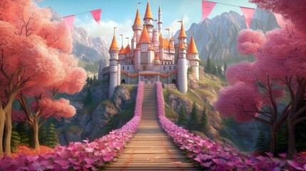 Fairy tale background with princess castle in the forest. Castle with pink flags. generative ai