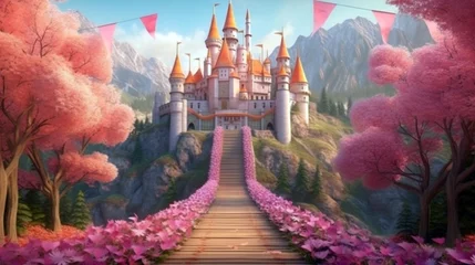 Peel and stick wall murals purple Fairy tale background with princess castle in the forest. Castle with pink flags. generative ai