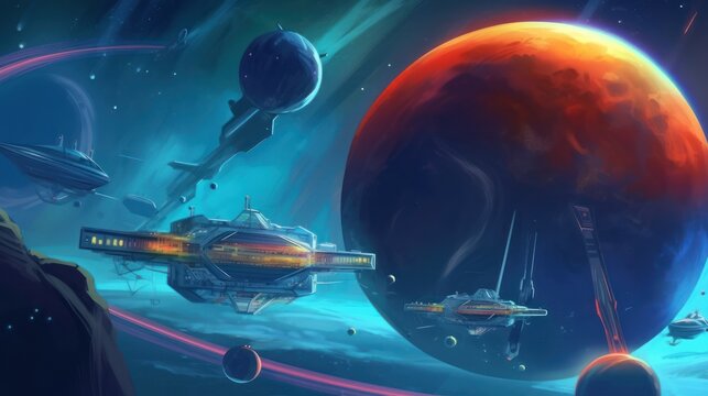 World inspired by space travel, with planets, aliens, and futuristic spaceships