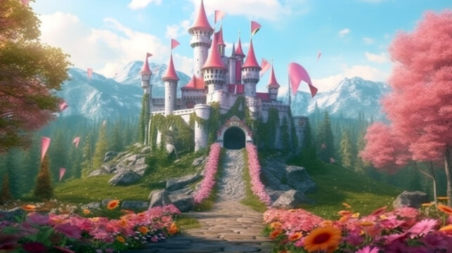 Fairy tale background with princess castle in the forest. Castle with pink flags. generative ai