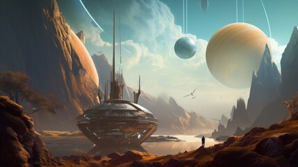 World inspired by space travel, with planets, aliens, and futuristic spaceships