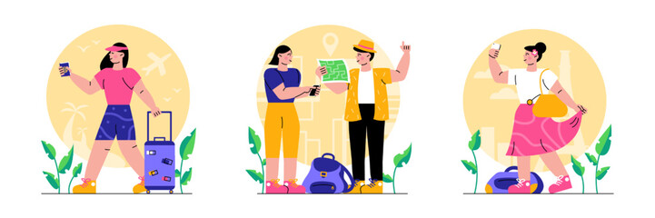 Traveling people set. Woman walking with luggage, couple examining way and girl taking selfies