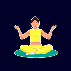 Illustration of a young girl sitting in a lotus position and meditating in a yoga class on a dark background