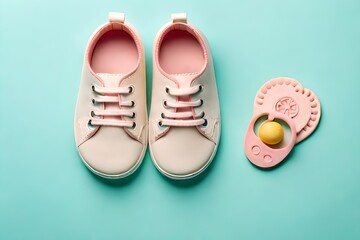 Top view Baby shoes, bib and teether on pastel background. Kids donation concepts