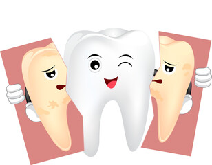 Cute cartoon whitening tooth holding tear of unhealthy tooth. Dental care concept, before and after. Illustration