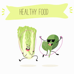 Illustration with funny characters Chinese cabbage, lettuce,  cabbage,peking,  spinach. Funny and healthy food. Vitamins, salad, cute face food, ingredients, vegetarian, vector cartoon, agriculture.