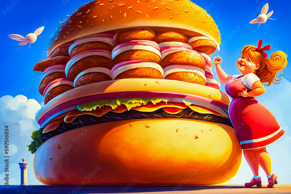 Poster cartoon character standing in front of giant hamburger with giant hamburger on top of it. generative