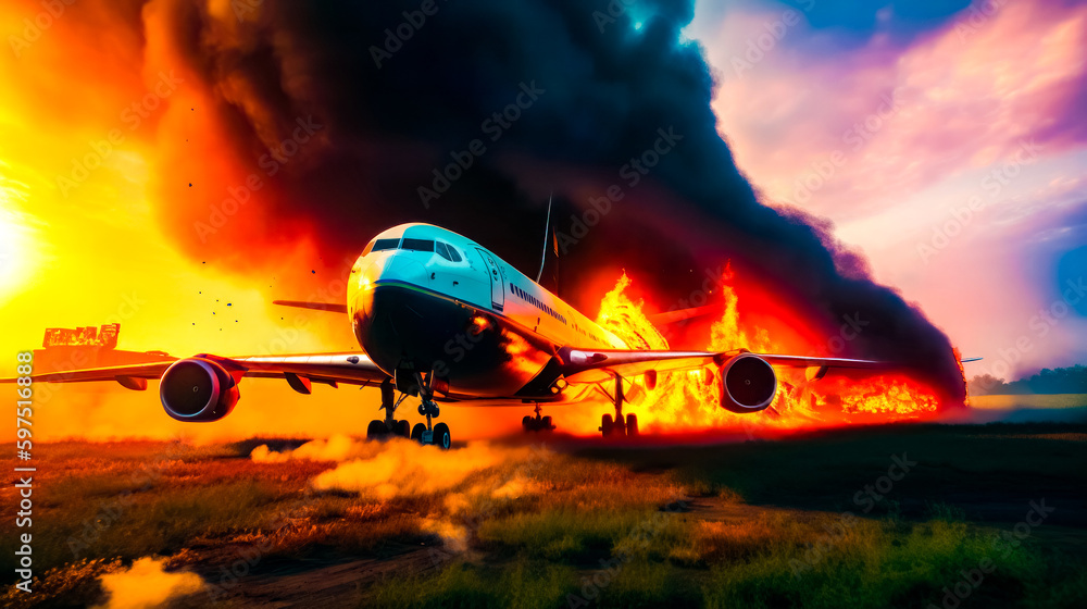 Poster large jetliner sitting on top of runway under cloudy sky. generative ai.