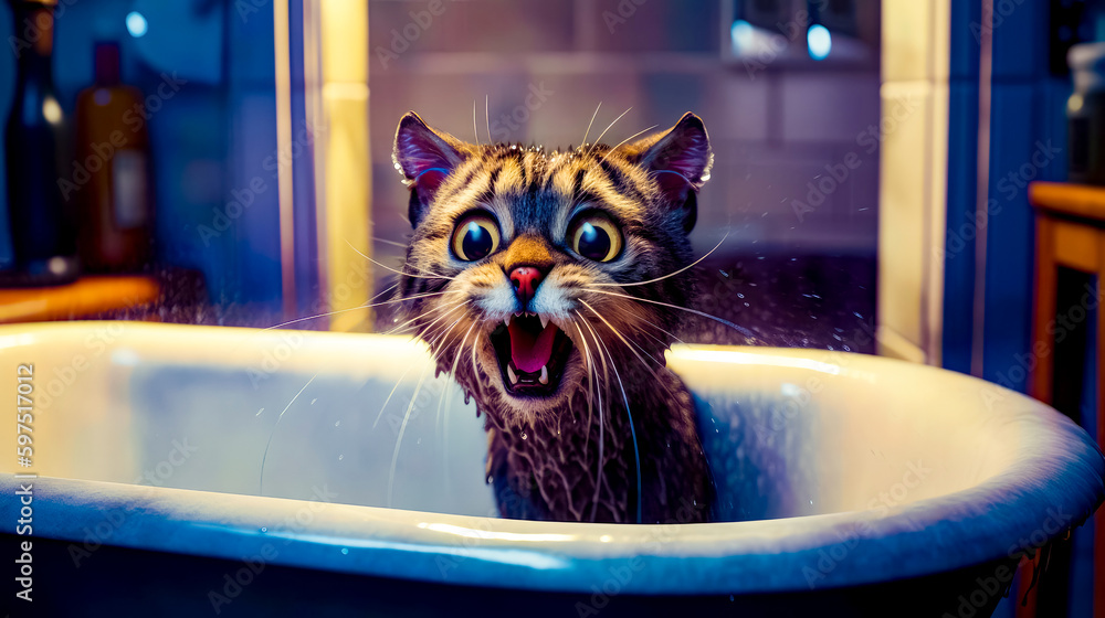 Poster cat in sink with its mouth open and it's mouth wide open. generative ai.