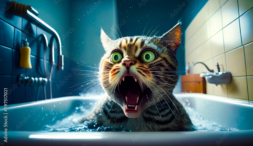 Poster cat in sink with its mouth open and it's mouth wide open. generative ai.