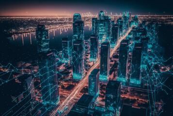 Modern city with wireless network connection and city scape concept. Wireless network and Connection technology concept with city background at night