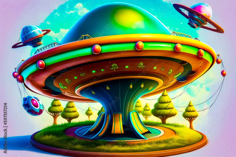 Aufkleber painting of alien land with spaceship in the middle of it. generative ai.