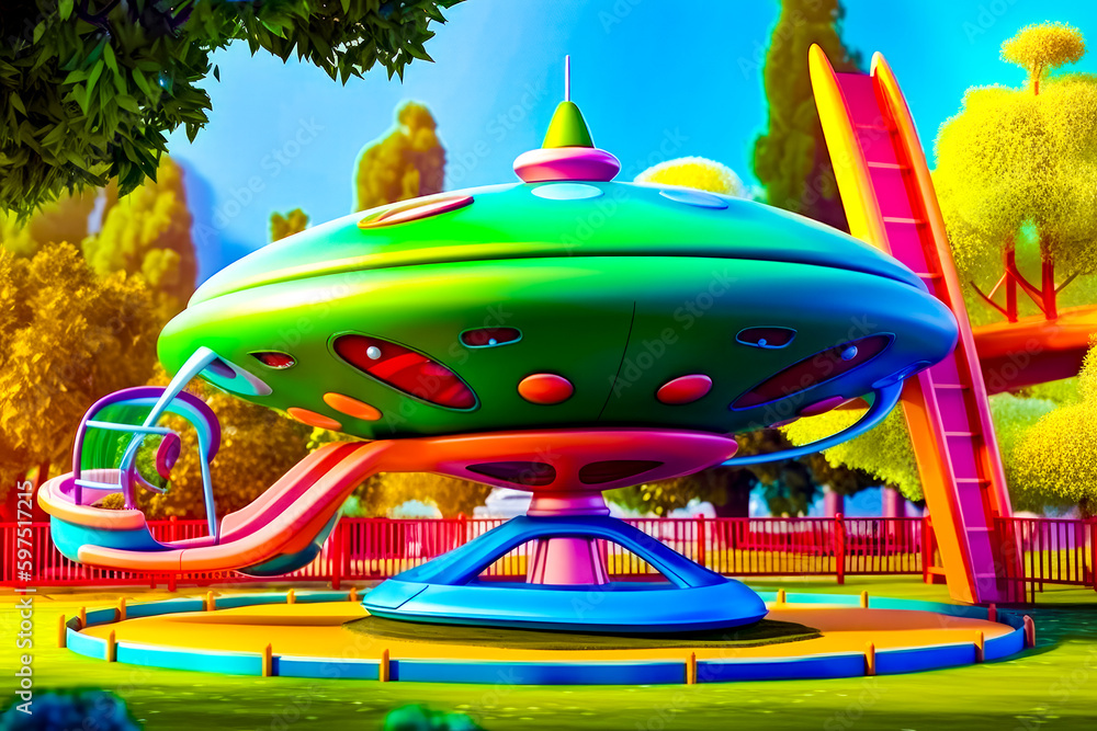 Poster large colorful object sitting on top of lush green field next to park. generative ai.