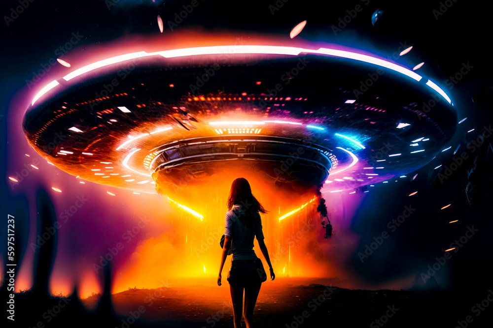 Poster woman standing in front of large object in dark room with neon lights. generative ai.