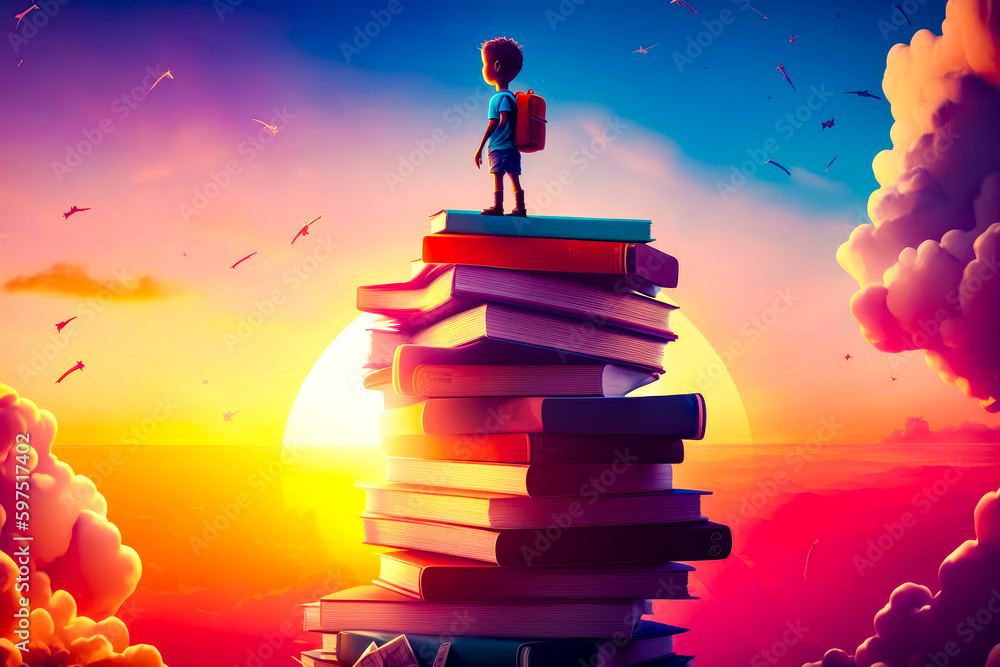 Poster person standing on top of stack of books in front of sunset. generative ai.