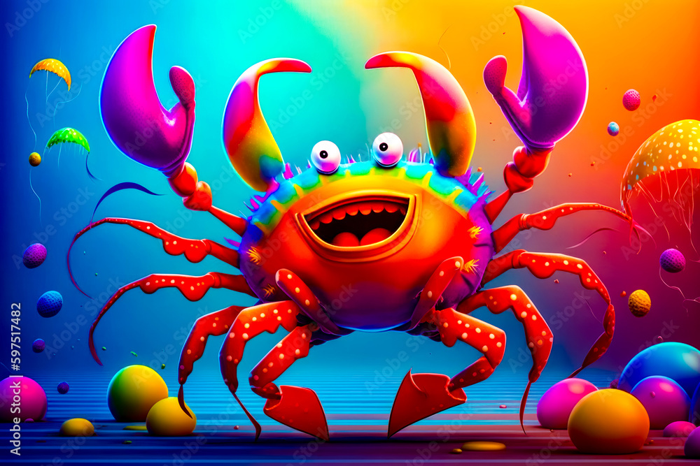Poster colorful crab with eyes and smile on it's face, standing in front of colorful background. generative