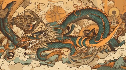 Asian mythology, with dragons, ninjas, and samurai