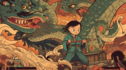 Asian mythology, with dragons, ninjas, and samurai