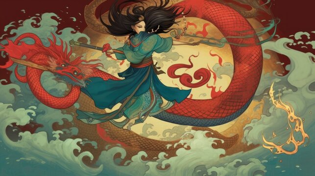 Asian mythology, with dragons, ninjas, and samurai