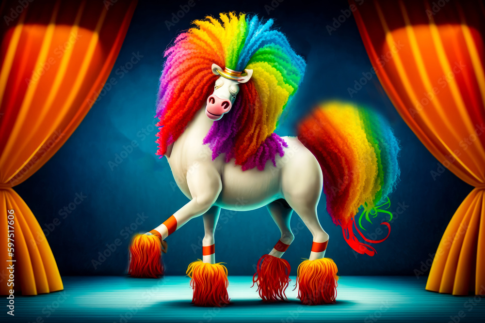 Poster white horse with multicolored mane standing on top of two red stools. generative ai.