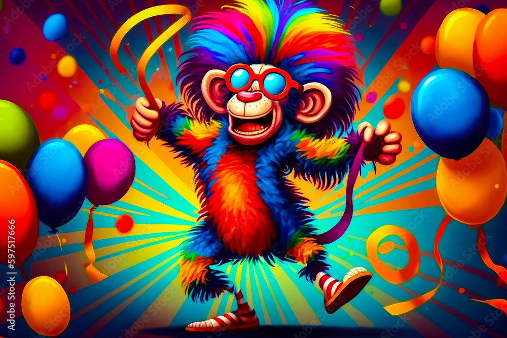 Poster colorful monkey dancing with balloons and streamers in the background of colorful background. genera