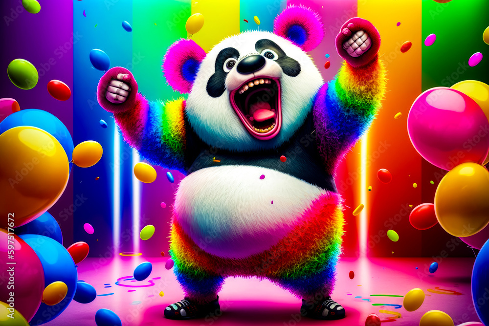 Aufkleber panda bear standing in front of colorful background with confetti. generative ai.