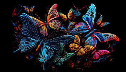 Fototapeta na wymiar Beautiful abstraction from bright butterflies on a black background