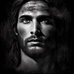 Not real person - ilustration of jesus face black and white gray - Generative AI