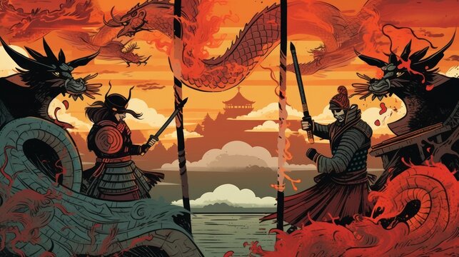 Asian mythology, with dragons, ninjas, and samurai