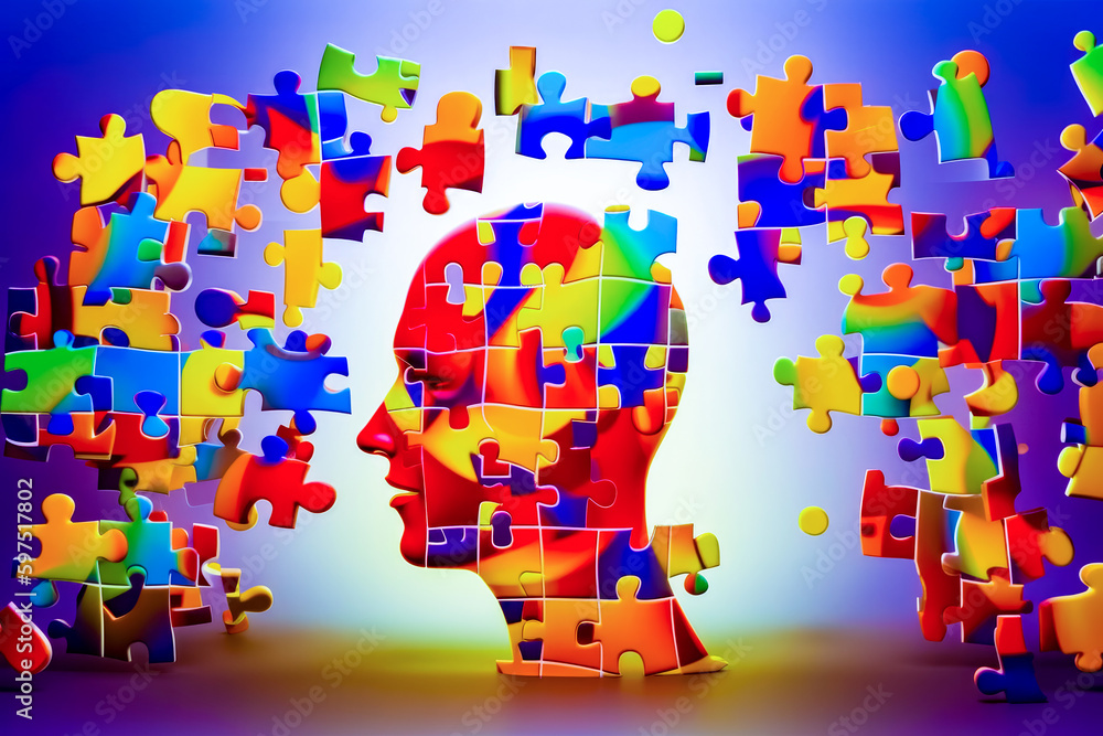 Poster man's head is surrounded by puzzles of different colors and sizes. generative ai.