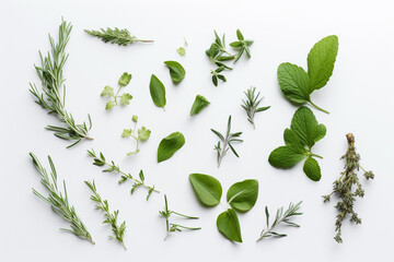 Herbs isolated on white background. Mint, rosemary, parsley, thyme. Organic ingredients. AI generative