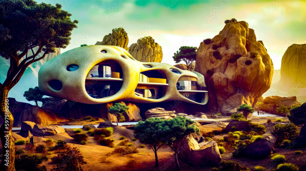 Poster futuristic building in the middle of desert with trees and rocks in the background. generative ai.