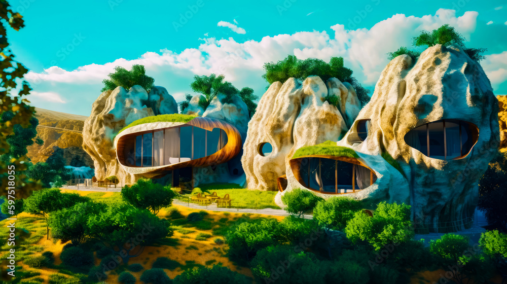 Poster painting of house in the middle of forest with trees and rocks. generative ai.
