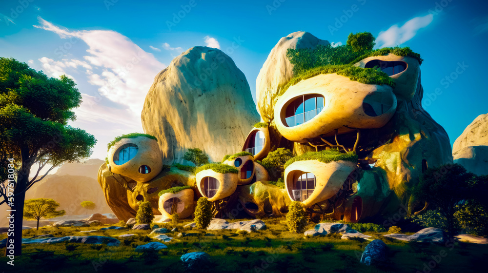 Poster group of strange looking houses in the middle of field with sky background. generative ai.