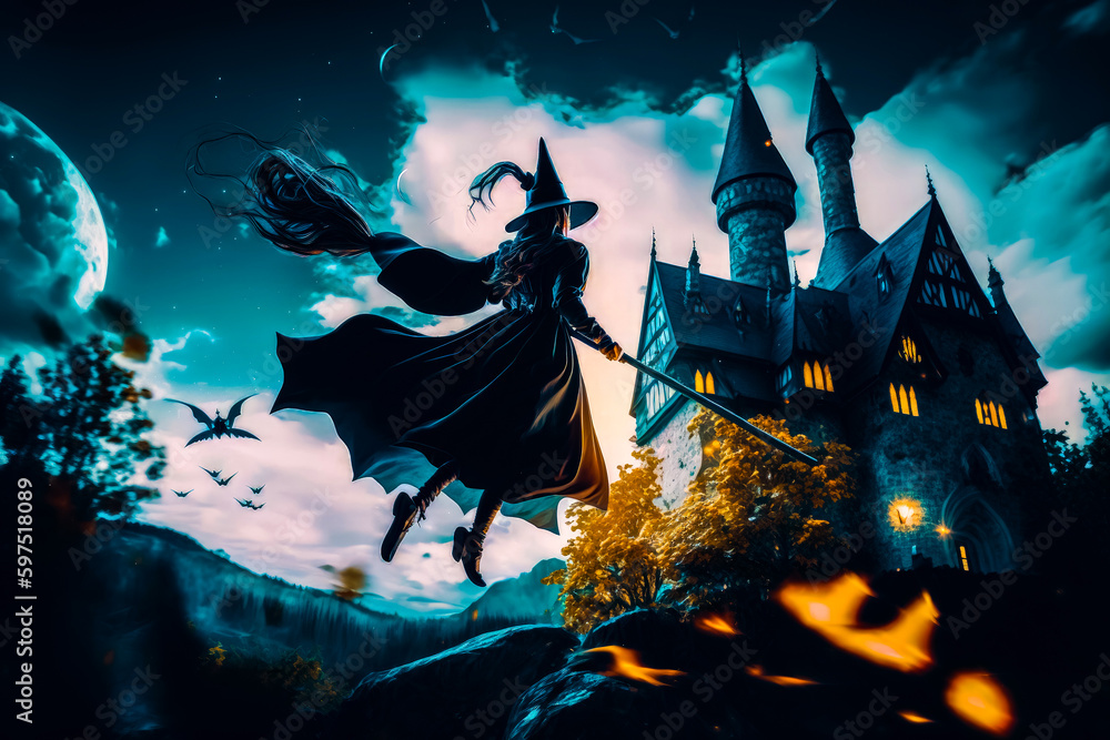 Poster witch flying in front of castle with full moon in the sky. generative ai.
