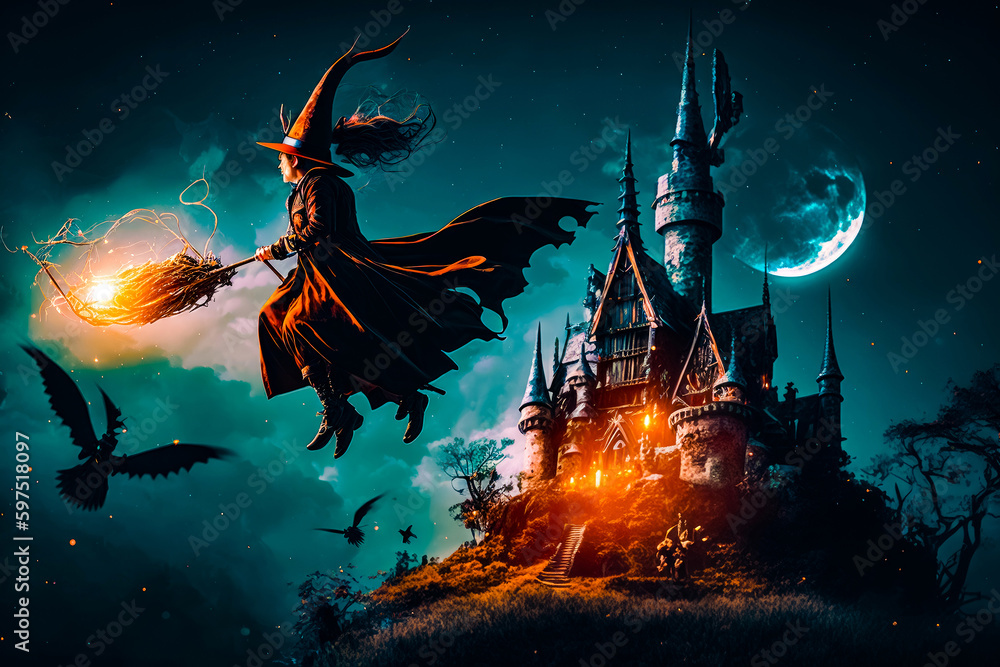 Poster witch flying in front of castle with full moon in the sky. generative ai.
